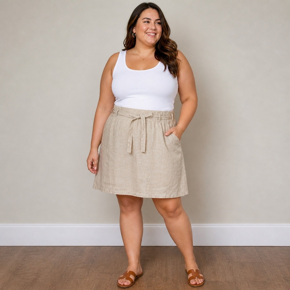 Fog Linen Work Beige 100% Linen Skirt with Tie Waist Belt Pleated Designer